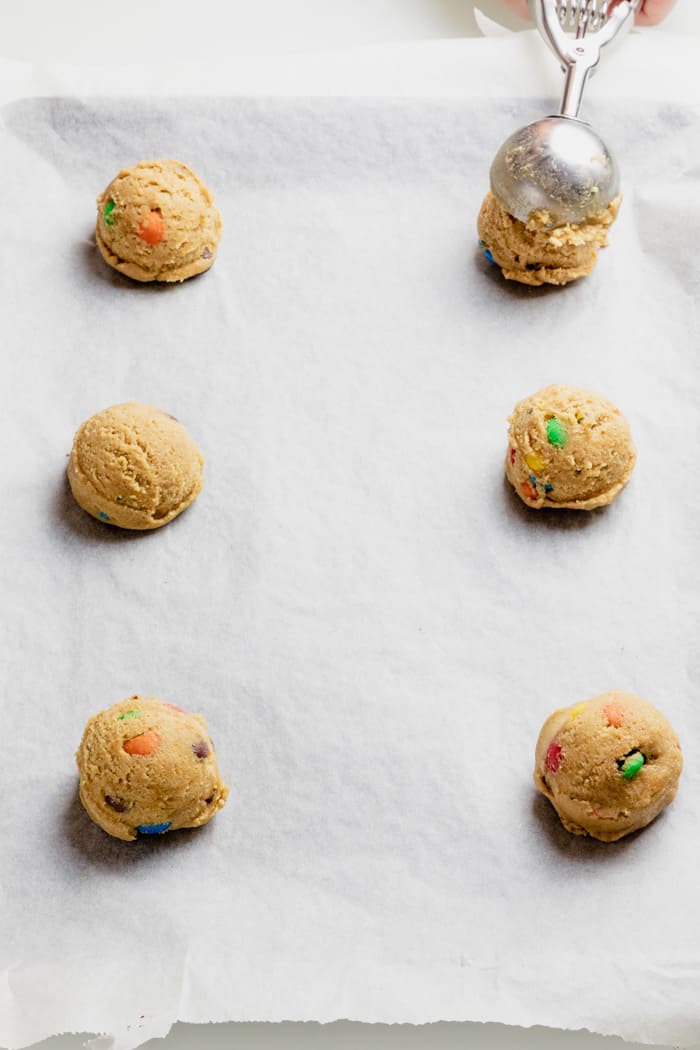 m&m cookie dough on baking paper