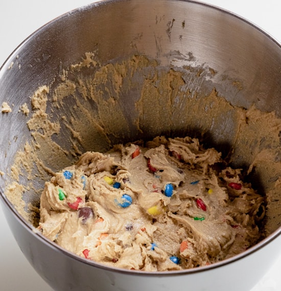 m&m cookie dough ready to be chilled in the fridge. 