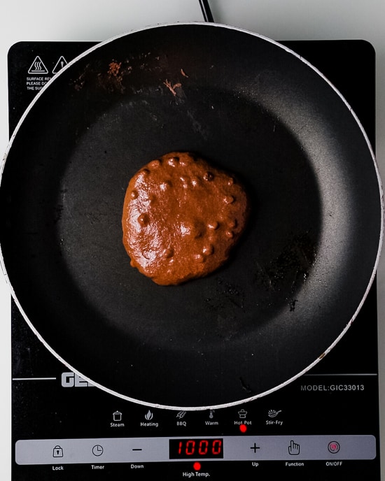 chocolate pancake on a skillet 
