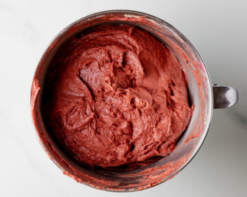 gluten free red velvet batter in a stainless steel bowl