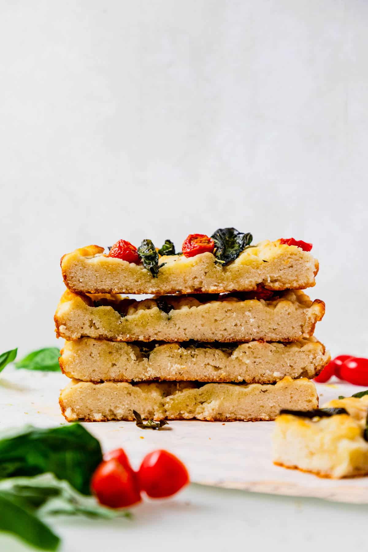 gluten free focaccia stacked on top of each other