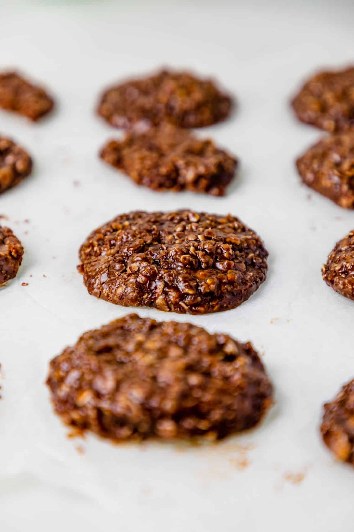 no bake nutella oatmeal cookies on parchment paper.